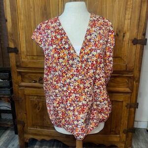 Jones New York Floral Blouse Medium V Neck Short Sleeve Orange Multicolor Top